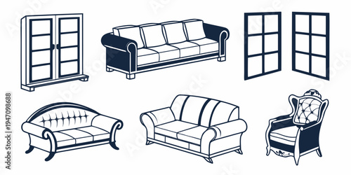 A variety of classic and modern furniture pieces including sofas, armchairs, and doors