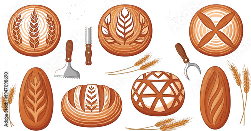Artisan bakery bread collection with decorative crust loaves, wheat ears and baking tools vector illustration