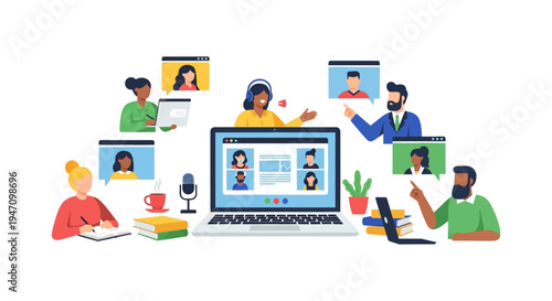 Video Conference and Online Learning Illustration. Diverse Remote Team Meeting via Laptop Screen, E-learning, Webinar, and Virtual Communication Concept.