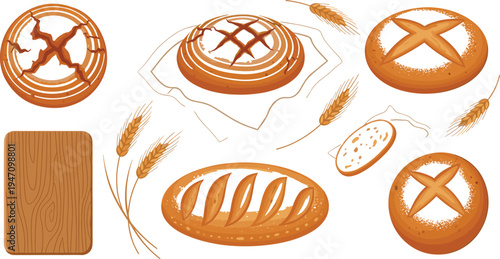 Artisan bread and bakery elements set with rustic loaf, wheat ears, bread slice and wooden board vector illustration