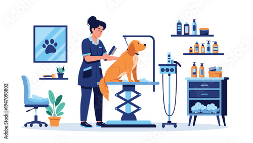 Skilled dog groomer is washing and brushing a golden retriever in a modern well-equipped pet salon with various grooming supplies.