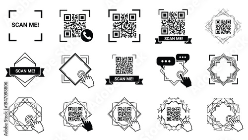 Set of various QR code icons and scan me frames features different styles including call, message, and touch interaction indicators.