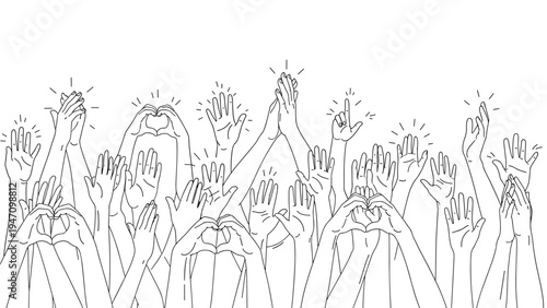 Large group of diverse hands raised in the air making heart shapes and clapping in a gesture of unity, love, support, and celebration.