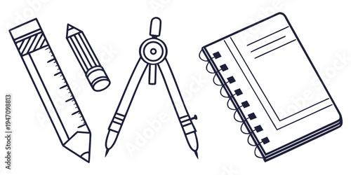 A collection of school supplies including a compass, pencil, ruler, and notebook