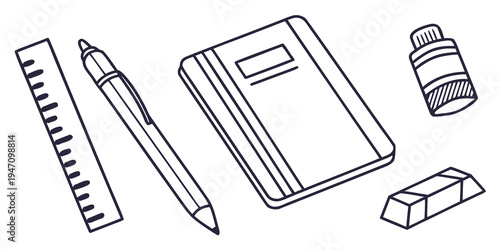 A collection of school supplies including a pencil, ruler, eraser, and notebook.