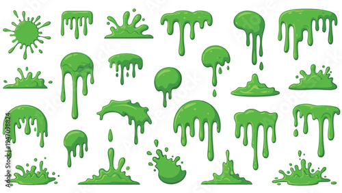 Large set of various green slime drips, splashes, and liquid goo elements is perfect for horror or science fiction graphic designs.