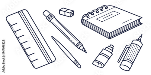 An assortment of school supplies including a ruler, pens, and notebooks.