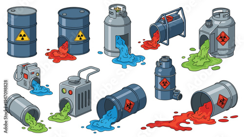 Hazardous waste containers leaking various colored toxic fluids and radioactive materials onto a white background.