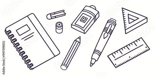 A collection of school supplies including a ruler, pencil, eraser, and calculator