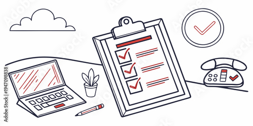Illustration of a checklist with various office items and a cloud in the background
