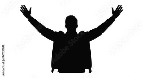 A solitary figure with arms outstretched in a gesture of celebration or surrender presented as a silhouette
