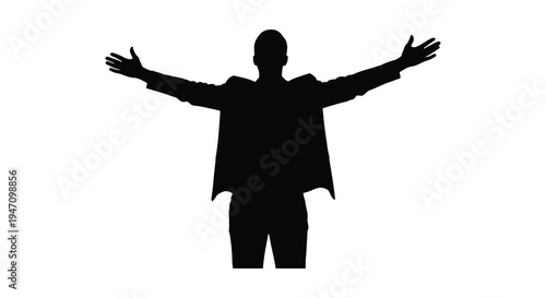 A lone figure stands with arms outstretched in a welcoming or celebratory pose presented as a silhouette