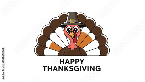 Cute cartoon turkey character wearing a traditional pilgrim hat for Thanksgiving holiday greeting cards and festive seasonal decorations.