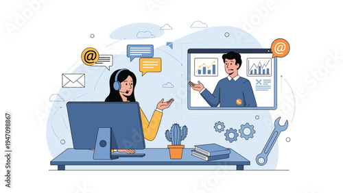 Customer service representative communicating with a client through a video call surrounded by technical support icons.