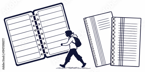 A person walking with a large open book and a stack of papers in the background
