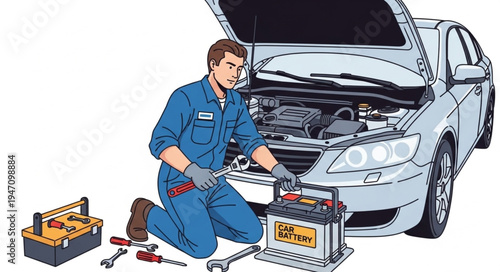 Mechanic working on car battery.
