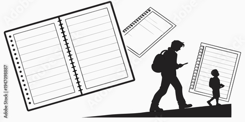 A silhouette of a person walking with a child and carrying a backpack.