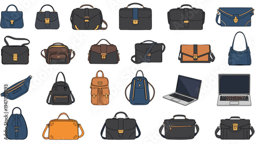 Extensive collection of modern bags including backpacks handbags laptop cases and briefcases on a white background.
