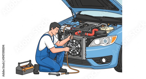 Mechanic Working on Car Engine.