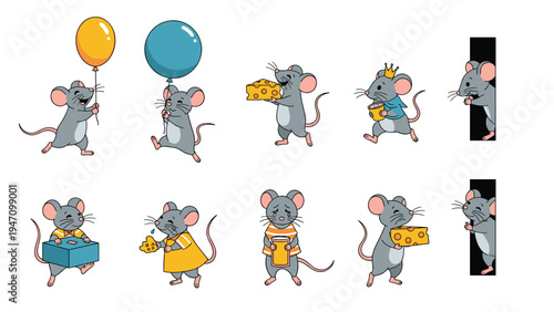 Adorable set of cute cartoon mice characters in various poses holding cheese balloons and wearing a little crown.