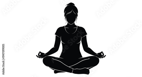 A serene woman is depicted in a lotus position practicing mindful meditation with graceful form a silhouette