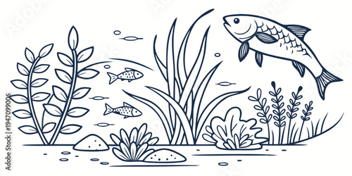 A lively underwater scene with a variety of fish and aquatic plants.