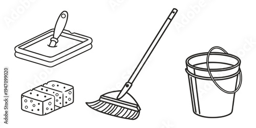 Cleaning supplies including a scrubbing brush, sponge, bucket, and broom