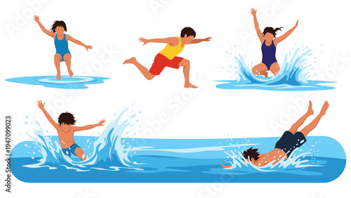 Group of happy children and teenagers having fun jumping diving and splashing into clear blue water in a pool.
