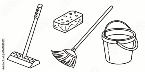 Assorted cleaning supplies arranged in a row