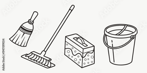 Cleaning supplies including a broom, mop, sponge, and bucket