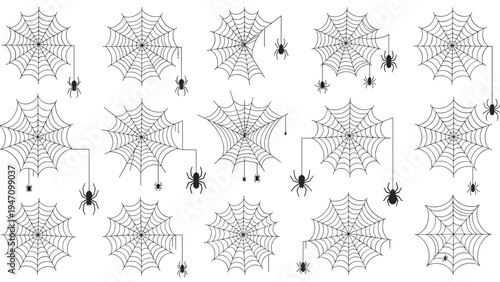 Various styles of spider webs with small black spiders hanging from thin silk threads on a plain white background.