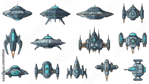 Extensive collection of science fiction spacecraft designs including UFO saucers and advanced battle cruisers.