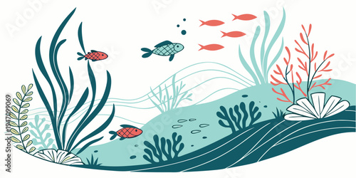 Vibrant underwater scene with diverse marine life and coral reefs