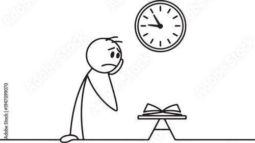 A stick figure appears stressed and worried while looking at a clock and a book depicting time pressure high quality