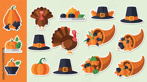Thanksgiving sticker collection featuring roasted turkeys pilgrim hats pumpkins and cornucopias filled with harvest.