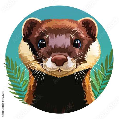 Close up portrait of a weasel set inside a circle with green leaves around