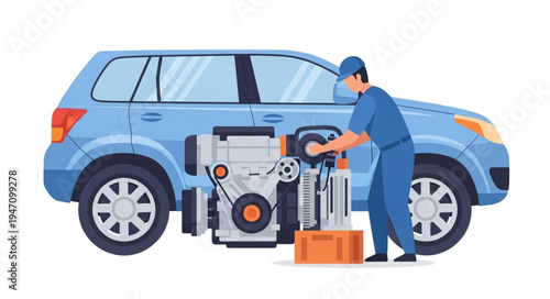 Mechanic working on car engine.