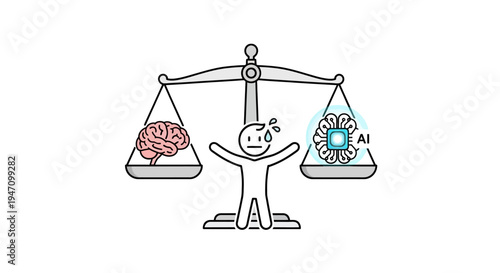 Stick figure man on a balance scale weighing a human brain against an artificial intelligence AI icon on an isolated white background.