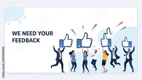 Happy group of professional people jumping together and holding large blue like icons to show team success and high customer satisfaction levels.