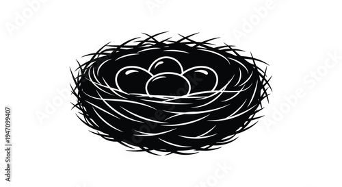 A detailed black and white illustration depicts a bird s nest with four eggs inside rendered as a silhouette
