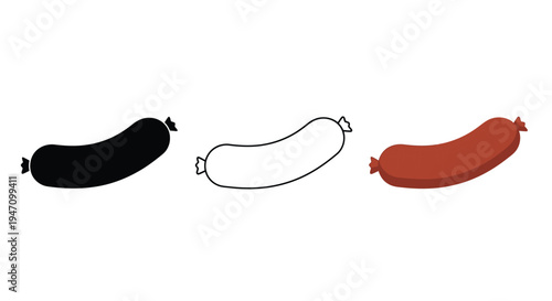 Three sausage depictions black outline and color a food silhouette