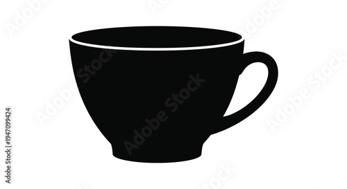A simple black teacup with a white line detail is presented against a plain white background silhouette