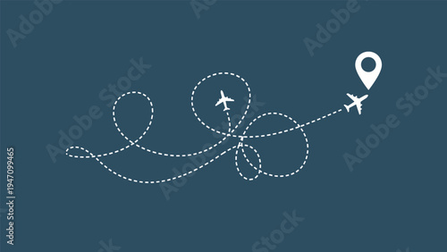 Complex dotted line path for an airplane flight with multiple loops and a map destination pin on a solid dark blue background.