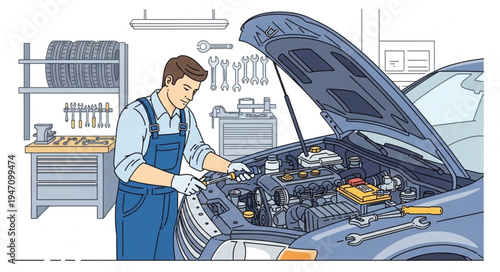 Mechanic Working on Car Engine.
