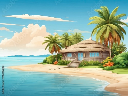Modern beach villa on clear sand, all-inclusive family paradise, private ocean getaway, relaxation, digital cartoon art, travel site booking.