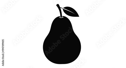 A simple black silhouette of a pear with a single leaf