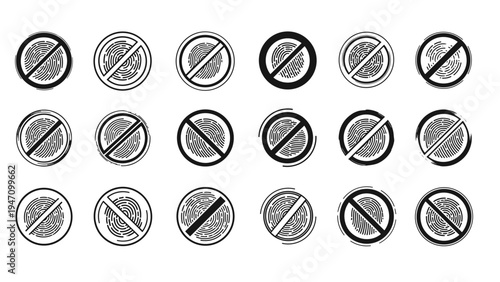 Large set of various fingerprint icons within circles with a diagonal slash mark representing denied access, privacy, or biometric security failure.