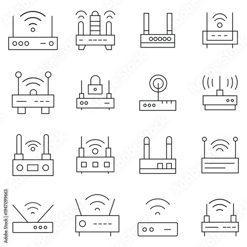 Router icons collection. WIFI modem vector. Network signal. Out line icon of router. Vector illustration.   a