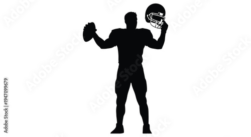 A dark silhouette of a football player holding a helmet and ball poised for action silhouette high quality