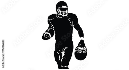 A dynamic illustration of an american football player running with a ball and helmet a striking silhouette